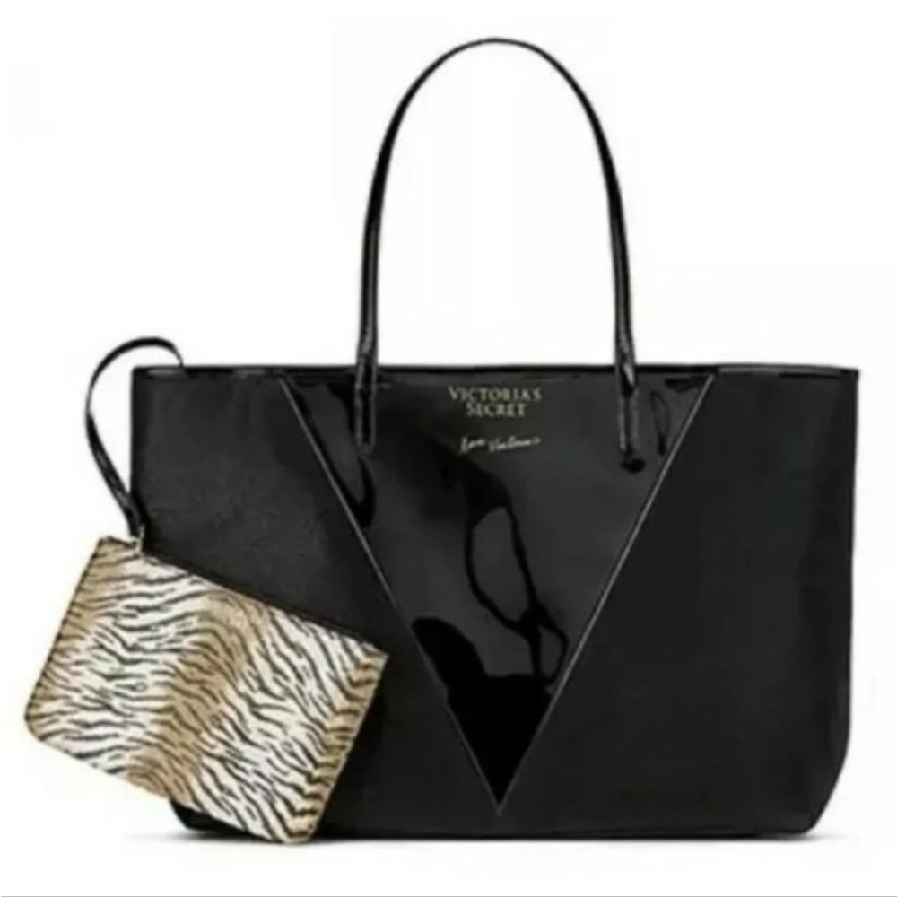 New Victoria’s Secret clear V black shimmer tote with tiger pouch